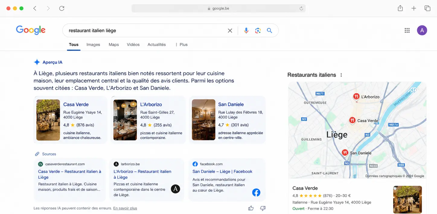 Aperçu IA Google pour une recherche locale en Belgique